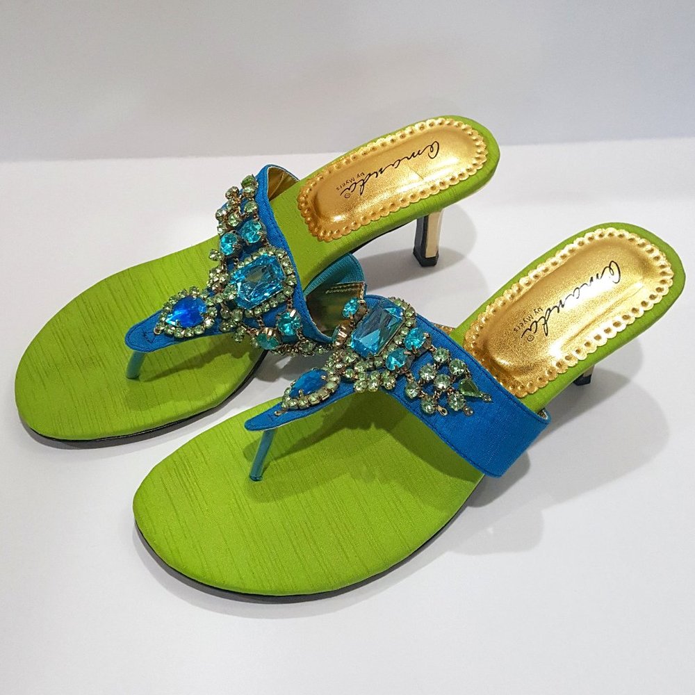 Amanda by Myers Heels, Fabric Upper, Leather Sole, Candy Blue and Green, 6.5W